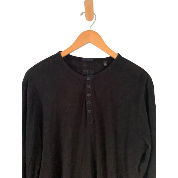 ATM Anthony Thomas Large Melillo Black Slub Jersey Destroyed Wash Henley Shirt - Picture 4 of 11